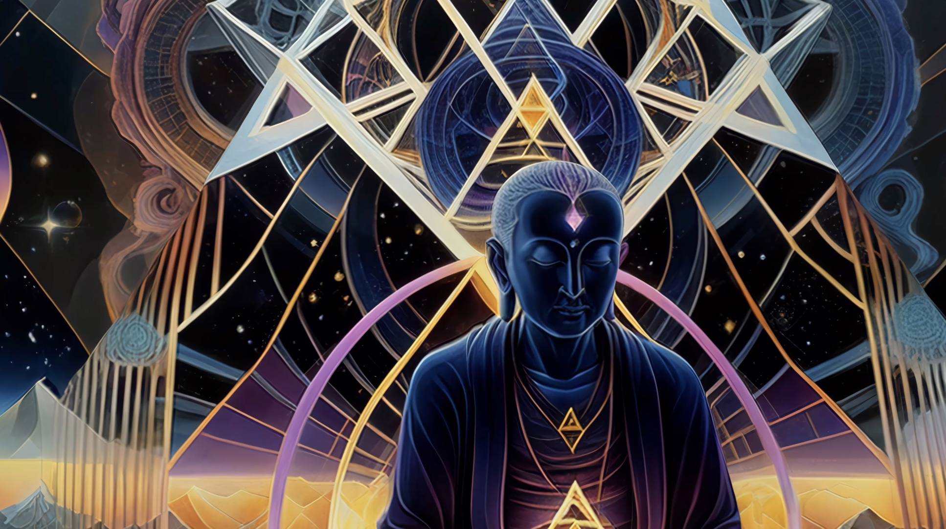psychedelic visuals art for LSD trips with glowing meditator and cosmic sacred geometry